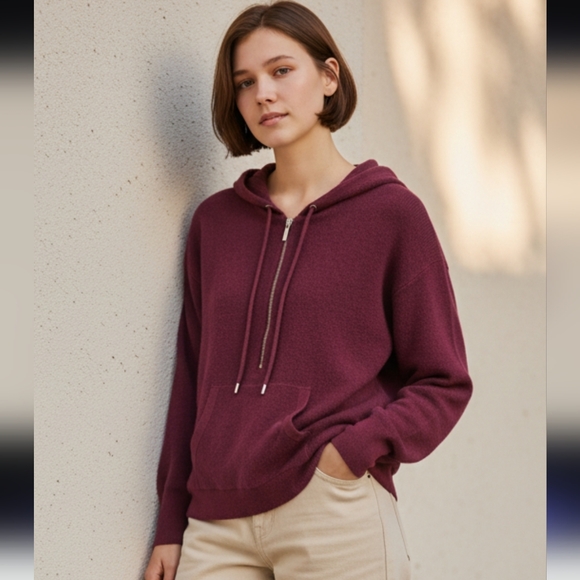 Michael Kors Sweaters - NWT Michael Kors Women's Maroon Knit Hoodie With Half Zipper And Strings--Size S